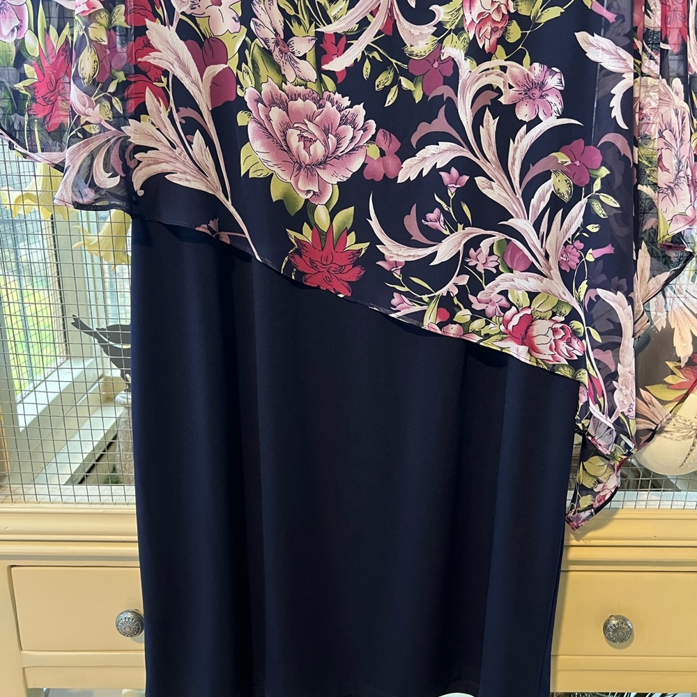 Connected Apparel Navy Sleeveless Dress W/Sheer Floral Cold